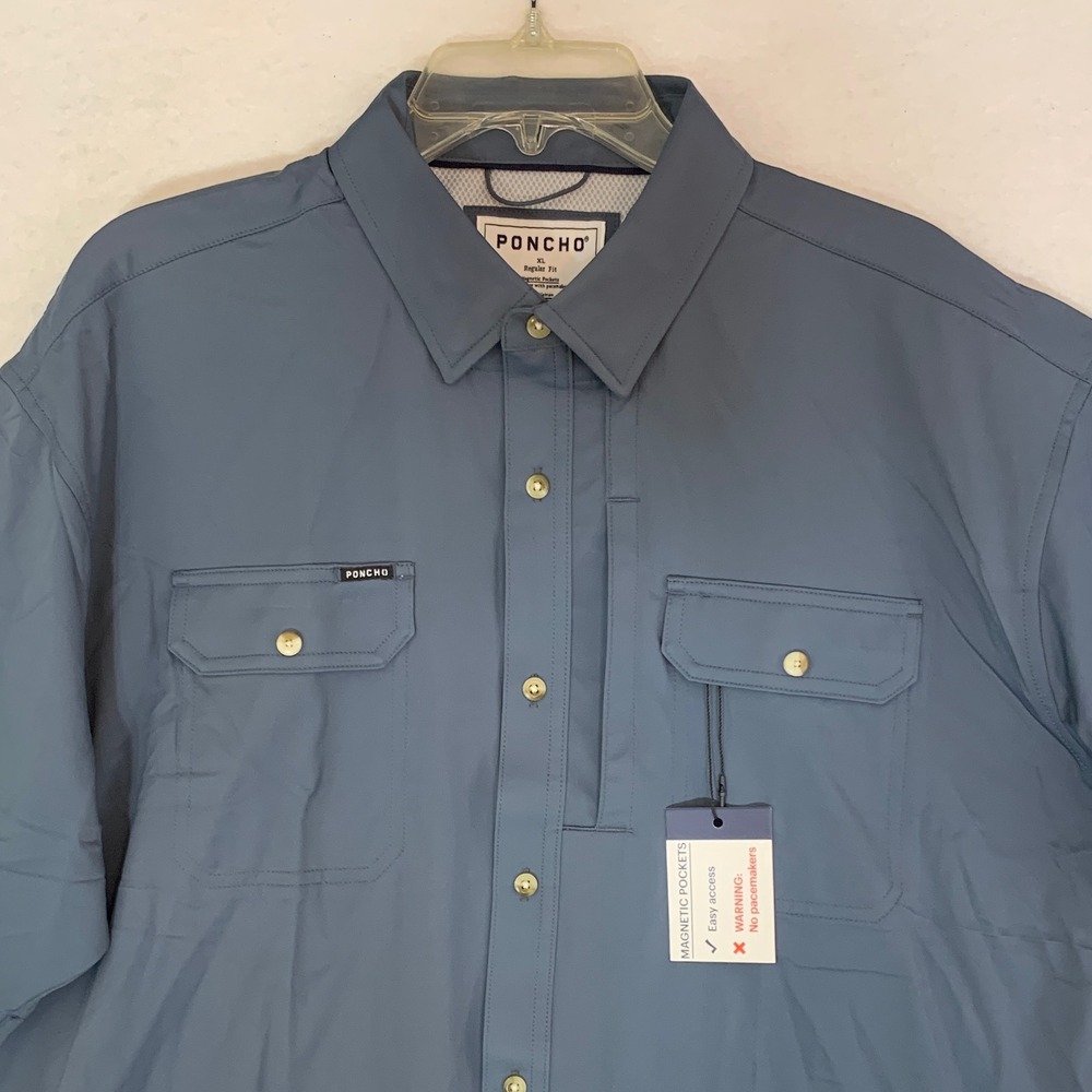 Poncho Shirt Mens XL Blue Grey NEW Fishing Magnetic Pockets Short Sleeve Vented - Picture 2 of 8